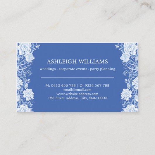 ブルーホワイトチャイノエリーフローライベントスタイリスト 名刺 (裏面)