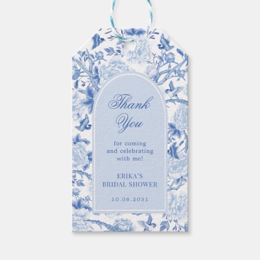 ブルーホワイトチャイノエリーフローラブライダルシャワーの好意 ギフトタグ (正面)