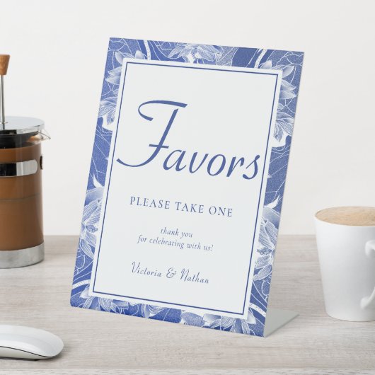 ブルーホワイトチャイノエリーフローラ結婚式の引き出物標識 台座サイン (インサイチュ)