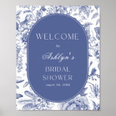 ブルーホワイトチャイノエリーブライダルシャワーウェルカムサイン ポスター (正面)