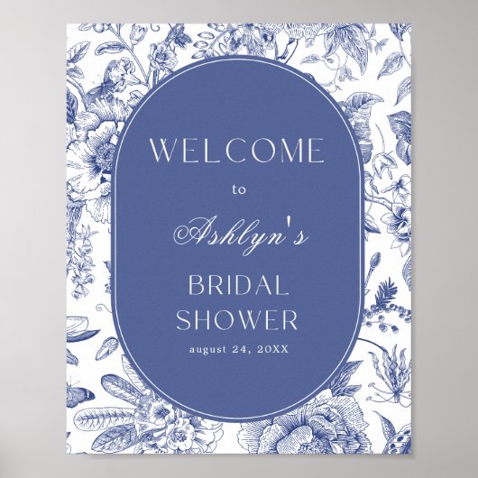 ブルーホワイトチャイノエリーブライダルシャワーウェルカムサイン ポスター (正面)