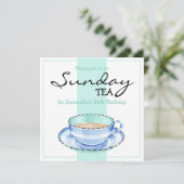 ブルーホワイトティーカップホワイトグリーン誕生日招待状 招待状 (スタンド正面)