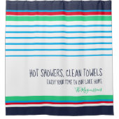 ブルーホワイトティール（緑がかった色）赤ストライプのカスタムモダン沿岸 シャワーカーテン (正面)