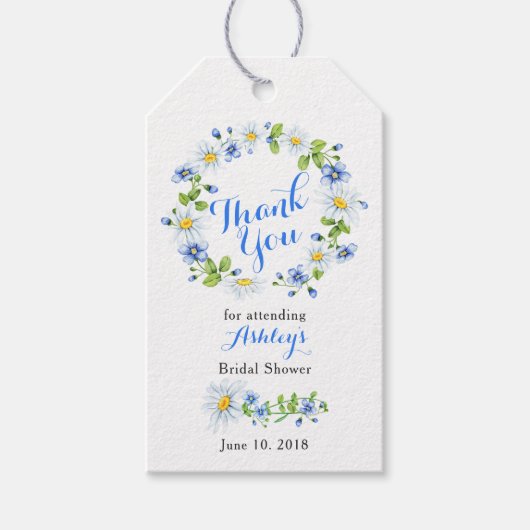 ブルーホワイトデイジーフローラブライダルシャワーありがとう ギフトタグ (正面)