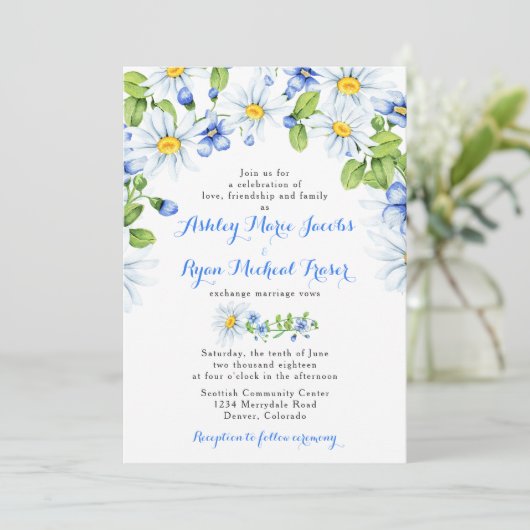 ブルーホワイトデイジーフローラ結婚式招待状 招待状 (スタンド正面)