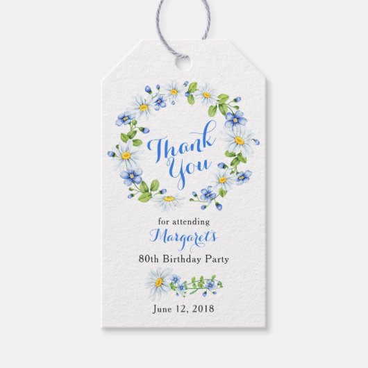 ブルーホワイトデイジーフローラ80th誕生日ありがとう ギフトタグ (正面)
