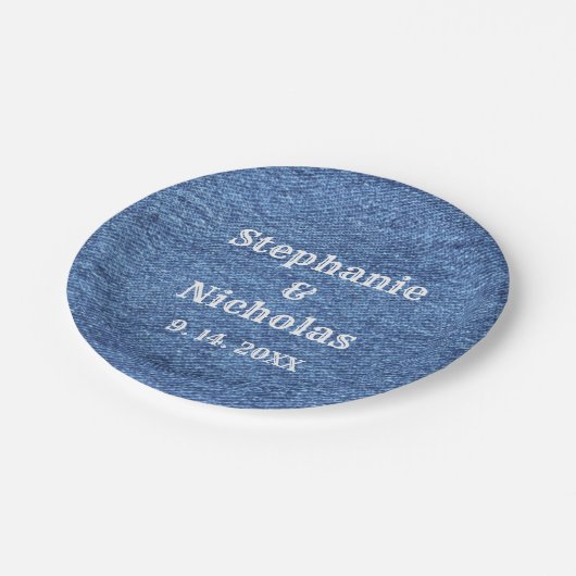 ブルーホワイトデニムテーマ結婚ズ ペーパープレート (アングル)