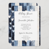 ブルーホワイトデニムハートストライプベビーシャワー 招待状 (正面/裏面)