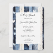 ブルーホワイトデニムハートストライプベビーシャワー 招待状 (正面)