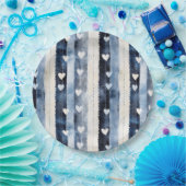 ブルーホワイトデニムハートストライプ誕生日 ペーパープレート (パーティー)