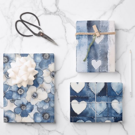 ブルーホワイトデニムフラワーズハート誕生日 ラッピングペーパーシート (正面)