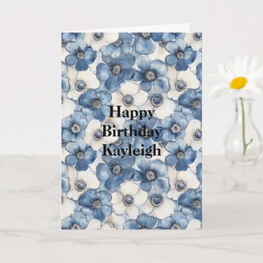 ブルーホワイトデニムフラワーズ誕生日 カード (小さな植物)