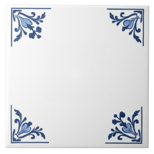 ブルーホワイトデルフトシンプルフローラコーナーオーナメント タイル (正面)