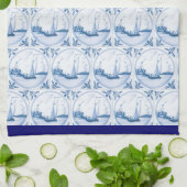 ブルーホワイトデルフトセイボートパターンブルー縁ど キッチンタオル (折り畳み)
