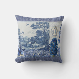 ブルーホワイトトイルフラワーズンバードコラージュフランスの クッション