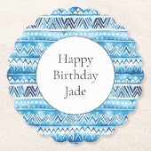 ブルーホワイトトライバルストライプ誕生日 ペーパーコースター (正面)