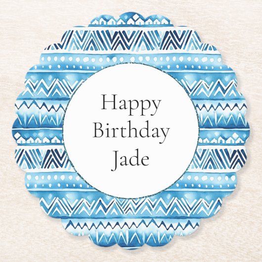 ブルーホワイトトライバルストライプ誕生日 ペーパーコースター (正面)