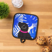 ブルーホワイトトロピカルアイランドブラックドッグポットホルダー 鍋敷き (トップダウン)