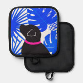 ブルーホワイトトロピカルアイランドブラックドッグポットホルダー 鍋敷き (正面/裏面)