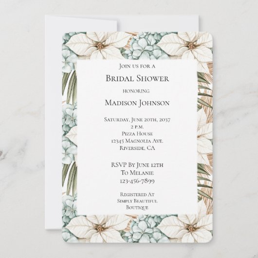 ブルーホワイトトロピカルアジサイフローラブライダルシャワー 招待状 (正面)