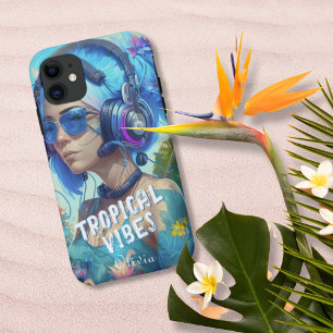 ブルーホワイトトロピカルビーブスメスDJイラストレーション iPhone 11 ケース