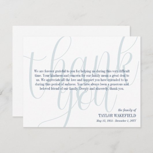 ブルーホワイトネービースクリプト悔やみや弔慰ありがとう サンキューカード (正面/裏面)