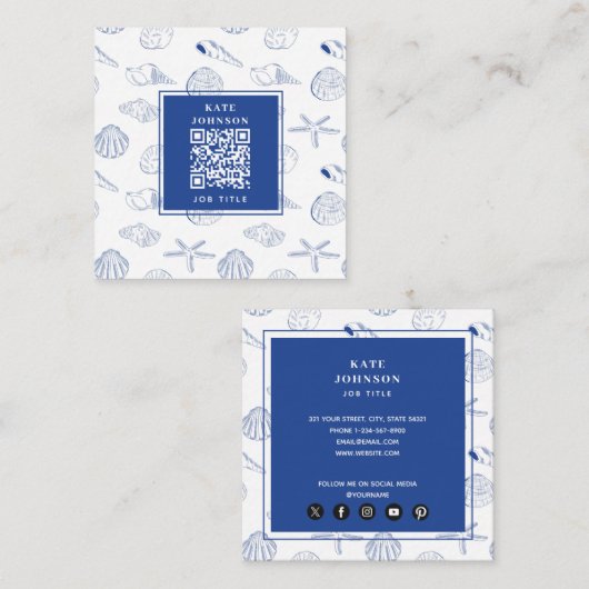 ブルーホワイトハンドドロッドシーシェルビーチ夏 スクエア名刺 (正面/裏面)