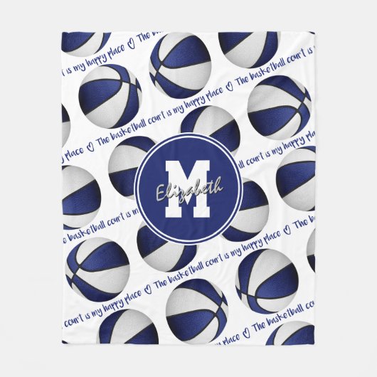 ブルーホワイトバスケットボールのコートは私の幸せな場所である フリースブランケット (正面)