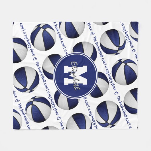 ブルーホワイトバスケットボールのコートは私の幸せな場所である フリースブランケット (正面(横))