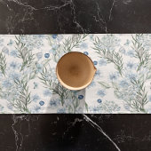 ブルーホワイトバタフライウォーターカラーフローラルパターン ショートテーブルランナー