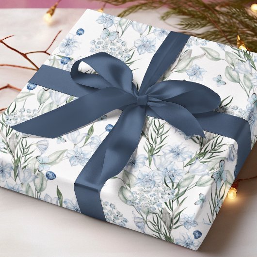 ブルーホワイトバタフライウォーターカラーフローラルパターン ラッピングペーパー