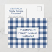 ブルーホワイトバッファローチェック延期された家族懇親会 案内ポストカード (正面/裏面)
