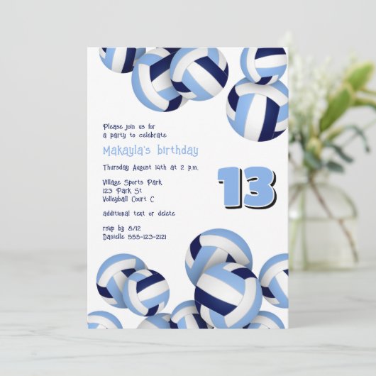 ブルーホワイトバレーボール子供の誕生日 招待状 (スタンド正面)