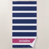 ブルーホワイトピンクモノグラストライプのム ビーチタオル (正面)