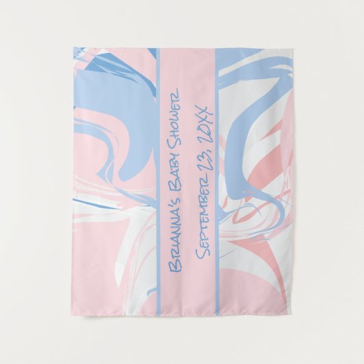 ブルーホワイトピンク大理石スワール赤ちゃんシャワー タペストリー (正面)