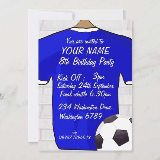 ブルーホワイトフットボールサッカージャージー誕生日パーティー 招待状 (裏面)