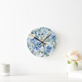 ブルーホワイトフラワーウォーターカラーシック ラウンド壁時計 (ホーム)