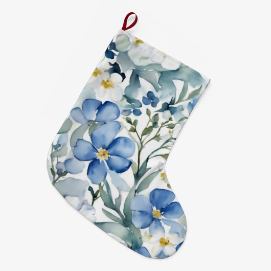 ブルーホワイトフラワーウォーターカラーシック ラージクリスマスストッキング (正面 (吊り時))