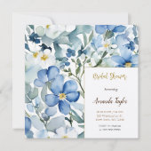 ブルーホワイトフラワーズウォーターカラーシックブライダルシャワー 招待状 (正面)