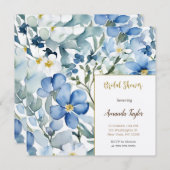 ブルーホワイトフラワーズウォーターカラーシックブライダルシャワー 招待状 (正面/裏面)