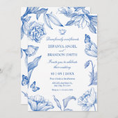 ブルーホワイトフローラエレガントな結婚式 招待状 (正面/裏面)