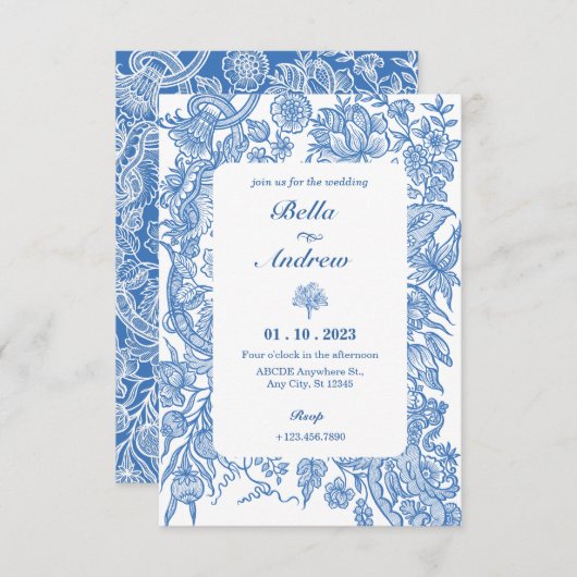 ブルーホワイトフローラクラシックヴィンテージ結婚式 招待状 (正面/裏面)
