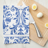 ブルーホワイトフローラスワールダマスクモノグラム キッチンタオル (四つ折り)