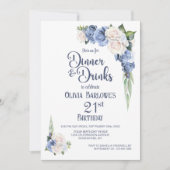 ブルーホワイトフローラディナーとドリンク21歳の誕生日 招待状 (正面)