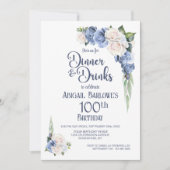 ブルーホワイトフローラディナー&ドリンク100誕生日 招待状 (正面)