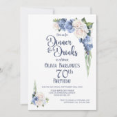 ブルーホワイトフローラディナー&ドリンク70誕生日 招待状 (正面)