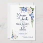 ブルーホワイトフローラディナー&ドリンク75誕生日 招待状 (正面)