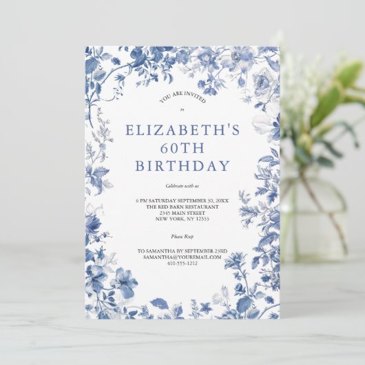 ブルーホワイトフローラトイレウォータカラー60誕生日 招待状 (スタンド正面)