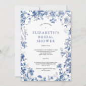 ブルーホワイトフローラトイレウォーターブライダルシャワー 招待状 (正面)