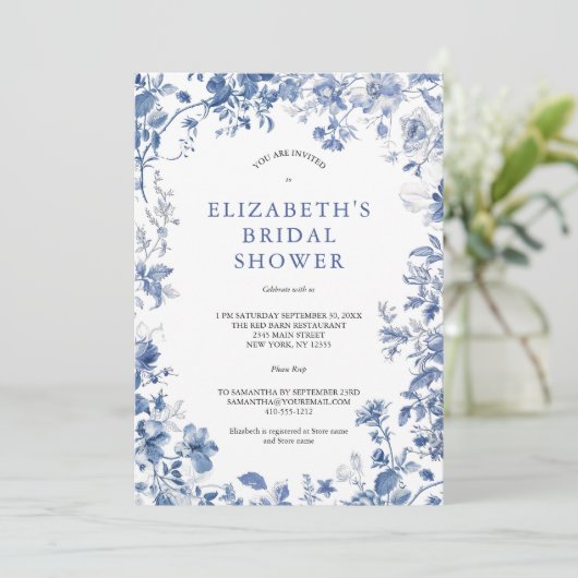 ブルーホワイトフローラトイレウォーターブライダルシャワー 招待状 (スタンド正面)